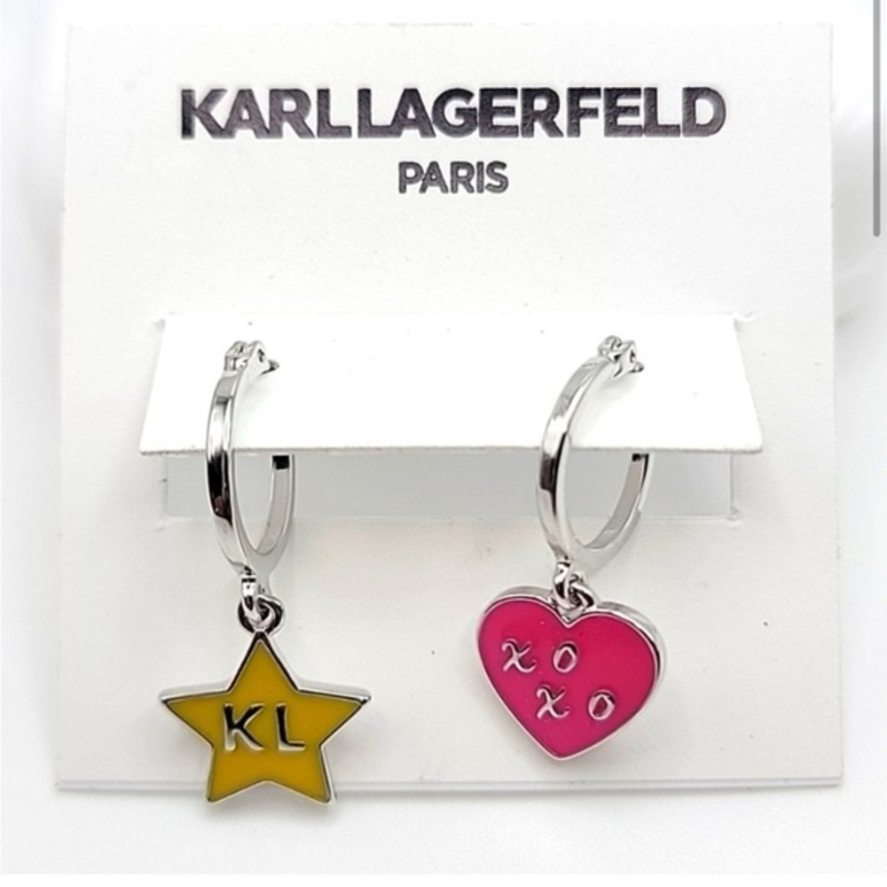 Karl Lagerfeld Silver Earrings with Pink Heart and Yellow Star